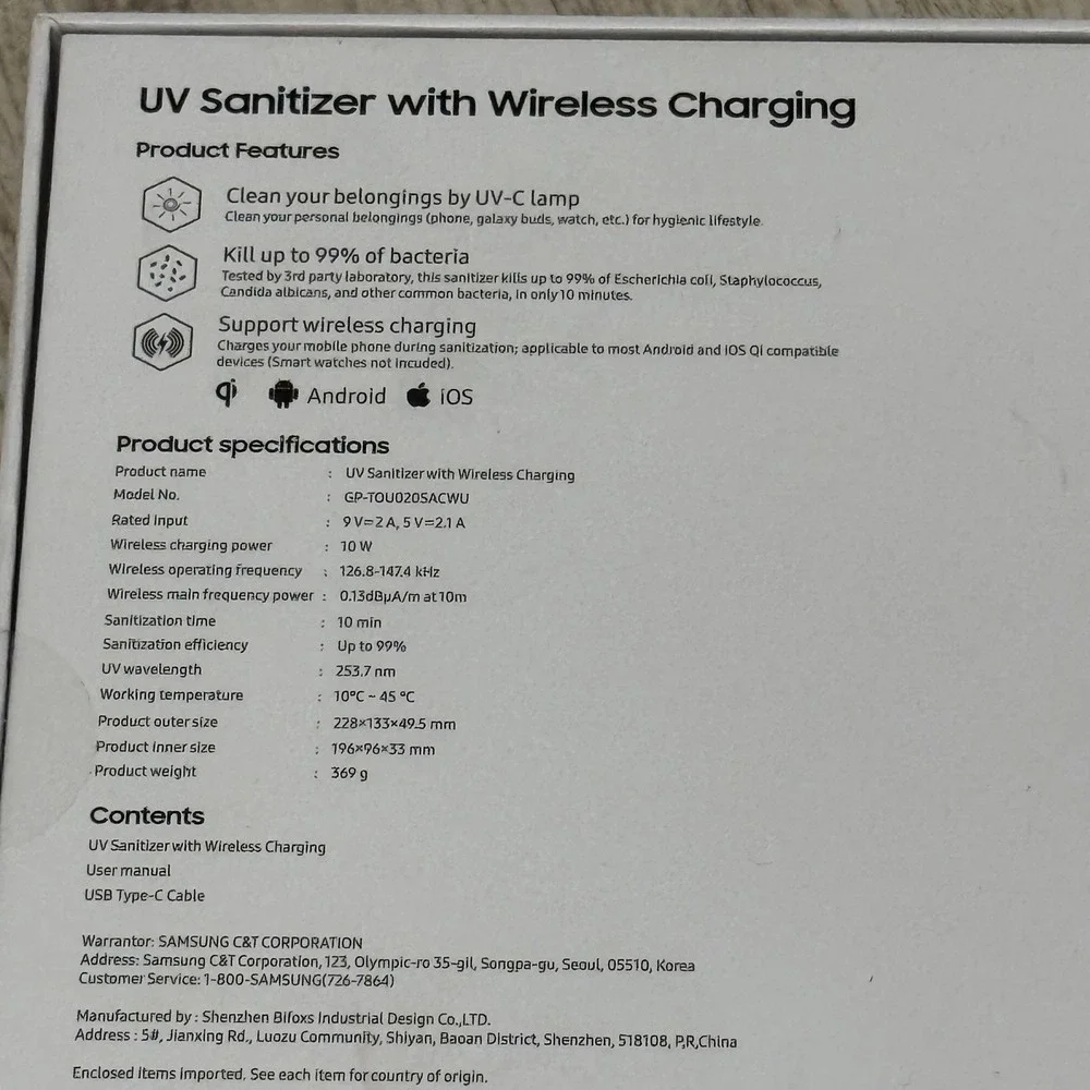 Samsung UV Sanitizer with Wireless Charging -‎ Kills 99% Bacteria - NEW